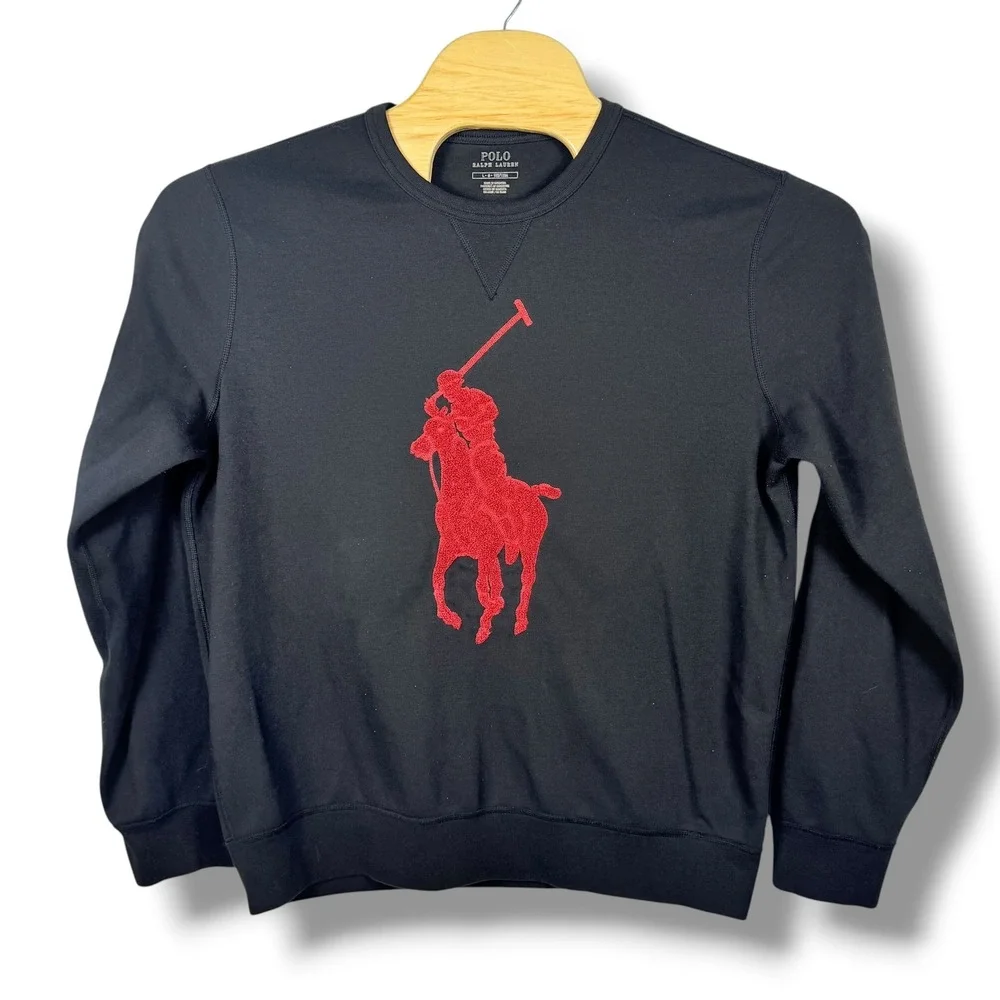 Polo Ralph Lauren Sweatshirt Men L Black Red Big Pony Crew Neck Pullover Streeet